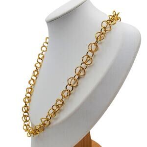 Gold Tone Circle Chain Link Necklace Textured Statement Chunky Layering Twisted